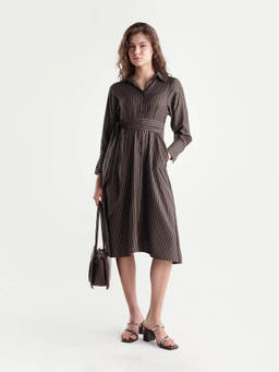 RAREISM - Women Brown Viscose Blend Stripes Dress with Belt