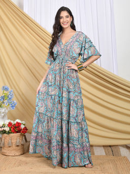 BOHOLYFE - Celestine Blush Breeze Turquoise Tiered Maxi Dress