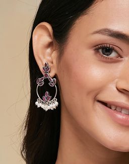 Fabindia - Women Pink Stone and Pearl Dangler Earrings