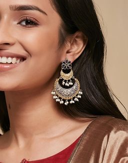 Fabindia - Women Metal Blue Stone and Pearl Chandbali Earrings