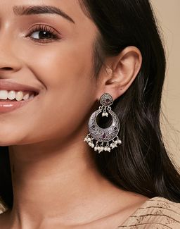 Fabindia - Women Metal Pink Stone and Pearl Chandbali Earrings