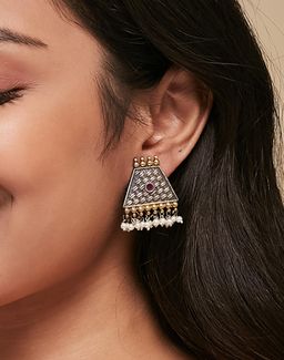 Fabindia - Women Metal Pink Stone and Pearl Drop Earrings