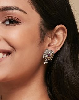 Fabindia - Women Metal Pink Stone Pearl Drop Earrings