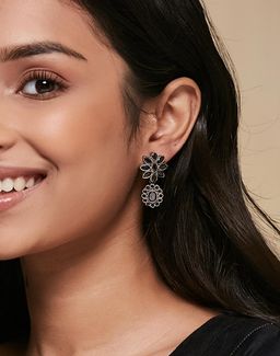 Fabindia - Women Metal Black Floral Stone Dangler Earrings
