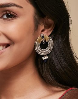 Fabindia - Women Metal Blue Stone and Pearl Dangler Earrings