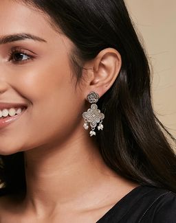 Fabindia - Women Metal White Pearl Dangler Earrings