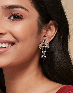 Fabindia - Women Metal Blue Stone and Pearl Dangler Earrings
