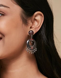 Fabindia - Women Metal Red and Black Meenakari Chandbali Earrings