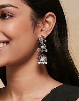 Fabindia - Women Metal Light Pink Stone and Pearl Jhumka Earrings