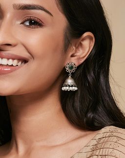 Fabindia - Women Metal Green Stone and Pearl Jhumka Earrings