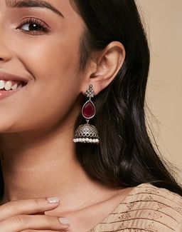 Fabindia - Women Metal Red Stone Jhumka Earrings