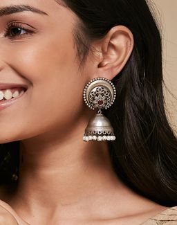 Fabindia - Women Metal Red Stone and Pearl Jhumka Earrings