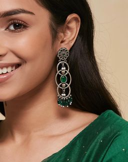 Fabindia - Women Green Stone Metal Dangler Earrings