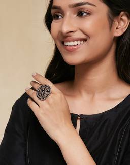 Fabindia - Women Metal Blue Stone Studded Floral Adjustable Ring