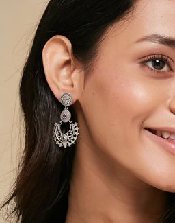 Fabindia - Women Silver Pink Stone Chandbali Earrings