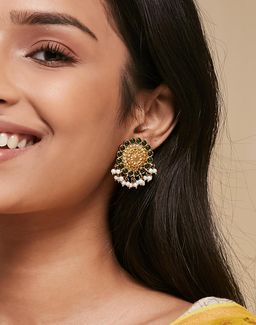 Fabindia - Women Metal Green Stone and Pearl Drop Earrings