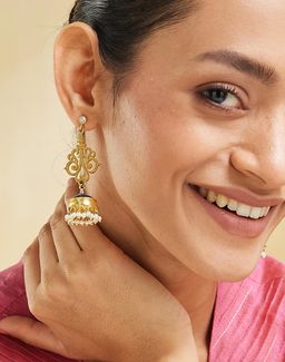 Fabindia - Women Blue Meenakari and Pearl Jhumka Earrings