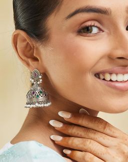 Fabindia - Women Multi-Color Stone Studded Jhumka Earrings