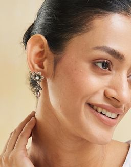 Fabindia - Women White Pearl Floral Dangler Earrings