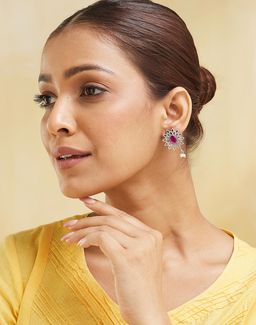 Fabindia - Women Brass Pink Stone Studded Drop Earrings
