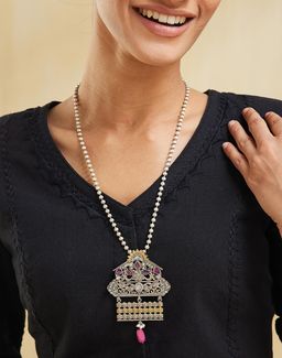 Fabindia - Women Brass Pink Stone Long Necklace