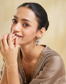 Fabindia - Women Brass Blue Stone and Pearl Drop Earrings