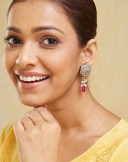 Fabindia - Women Brass Red Stone and Pearl Dangler Earrings
