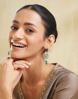 Fabindia - Women Brass Green Stone Dangler Earrings