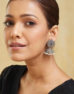 Fabindia - Women Brass Blue Stone and Pearl Jhumka Earrings