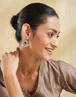 Fabindia - Women Brass Blue Stone and Pearl Dangler Earrings