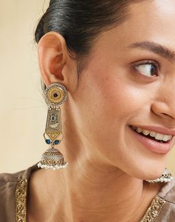 Fabindia - Women Brass Blue Stone and Pearl Jhumka Earrings