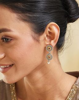 Fabindia - Women Brass Pink Stone Studded Drop Earrings