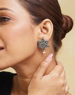 Fabindia - Women Brass Black Stone Drop Earrings