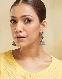 Fabindia - Women Brass Multi-Color Stone Jhumka Earrings