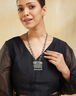 Fabindia - Women Brass Green Stone Long Necklace