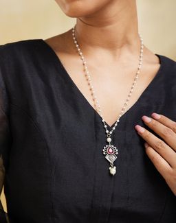 Fabindia - Women Brass Pink Stone and Pearl Long Necklace
