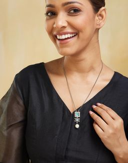 Fabindia - Women Brass Sea Green Stone and Pearl Long Necklace
