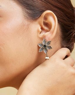 Fabindia - Women Brass Black Stone and Pearl Floral Drop Earrings