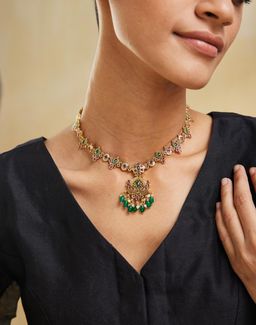 Fabindia - Women Brass Pink and Green Stone and Pearl Necklace