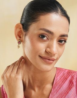 Fabindia - Women Brass Pink Stone Drop Earrings