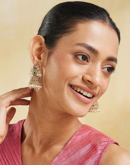 Fabindia - Women Brass Multi-Color Stone and Pearl Jhumka Earrings