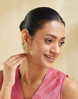Fabindia - Women Brass Pink Stone Drop Earrings