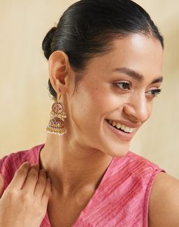 Fabindia - Women Brass Multi-Color Stone Jhumka Earrings