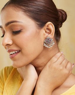 Fabindia - Women Brass Multi-Color Stone and Pearl Drop Earrings