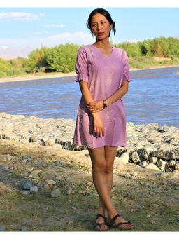 Chidiyaa - Lavender Block Printed Cotton Shift Dress with Puff Sleeves Zanskar