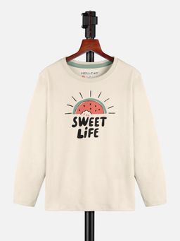 HELLCAT - Beige Trendy Printed Round Neck Full Sleeve T-shirt for Girls