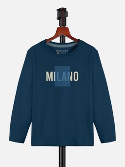 HELLCAT - Petrol Blue Trendy Typographic Round Neck Full Sleeve T-shirt for Girls