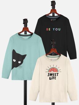 HELLCAT - Multi-Color Trendy Printed Round Neck Full Sleeve T-shirt for Girls (Pack of 3)
