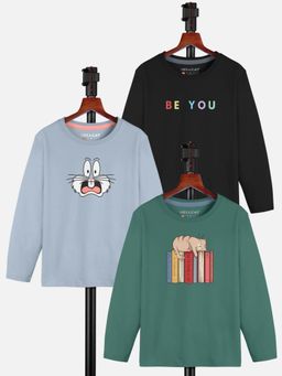 HELLCAT - Multi-Color Trendy Graphic Round Neck Full Sleeve T-shirt for Girls (Pack of 3)