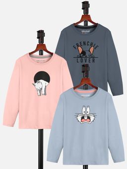 HELLCAT - Multi-Color Trendy Graphic Round Neck Full Sleeve T-shirt for Girls (Pack of 3)